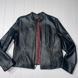 Women’s Wilsons Leather Black Genuine Leather Jacket Moto Red Paisley Interior L